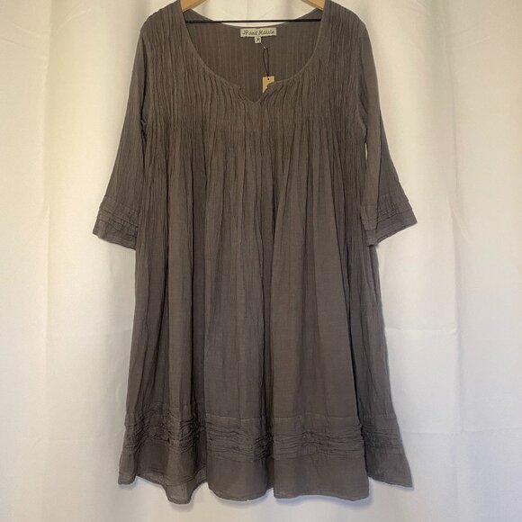 JP and Mattie Gray Peasant Dress Womens M Boho Cotton Crinkly Pockets Swing NWT - Picture 1 of 11